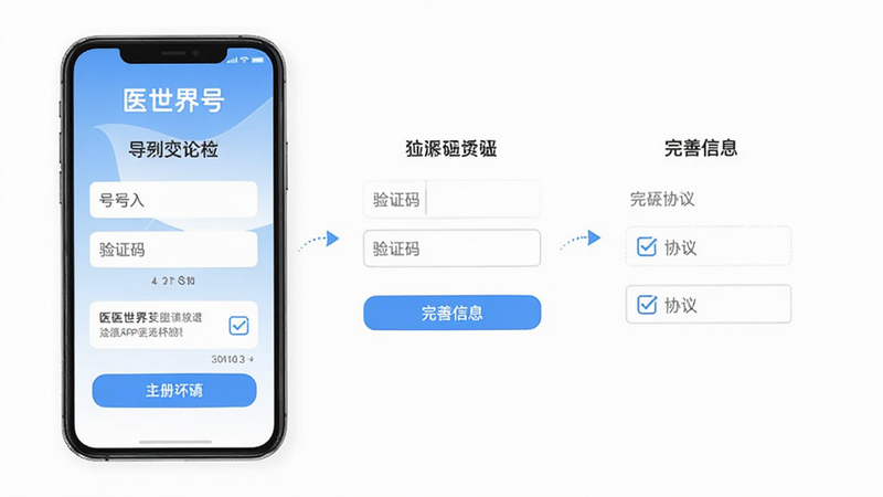 主体为医世界APP注册流程界面,布局为分步引导式,显示输入手机号、验证码、完善信息三个步骤,风格简洁友好,细节展示勾选协议框,画质明亮,干净,无多余元素