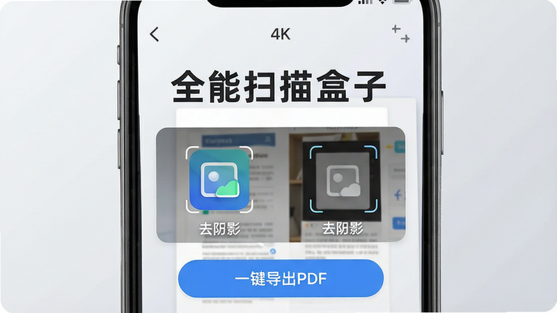 主体为手机界面展示,布局为居中突出应用图标与主功能入口,排版简洁现代,风格为扁平化科技风,细节包含高清文档扫描界面、去阴影效果对比、一键导出PDF按钮,画质4k高清,干净,无多余元素,文字标签