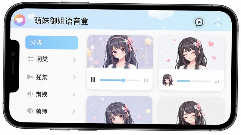 主体为手机屏幕界面,显示“萌妹御姐语音盒”应用主界面,布局清晰,左侧为分类列表,右侧为音频卡片,排版整洁现代,风格清新治愈,细节包含播放进度条和角色头像,画质高清,干净,无多余元素