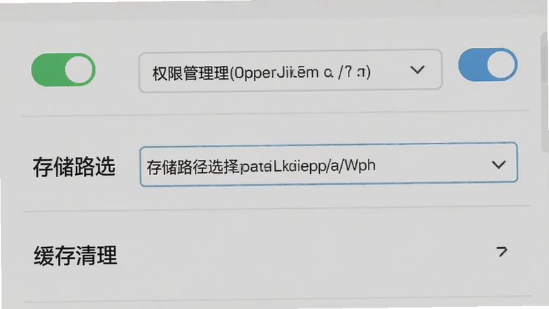 主体为设置界面,展示权限管理、存储路径选择和缓存清理选项,布局列表式,排版清晰,风格简约,细节包含开关按钮和路径显示框,画质清晰,干净,无多余元素