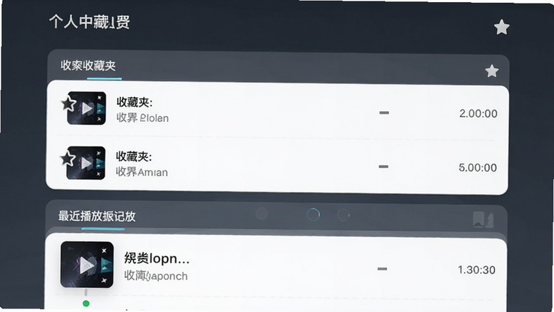 主体为个人中心页面,展示收藏夹列表和最近播放记录,布局列表式,排版简洁,风格简约科技,细节包含收藏星标图标和播放历史时间戳,画质清晰,干净,无多余元素