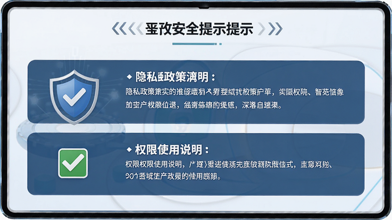 主体为安全提示界面,展示隐私政策声明和权限使用说明,布局简洁,排版规范,风格专业严谨,细节包含盾牌图标和勾选框,画质清晰,干净,无多余元素