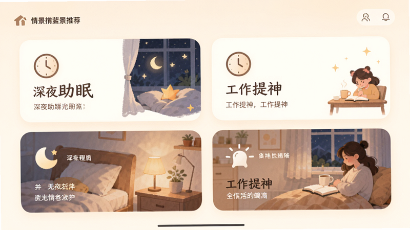 主体为情景推荐界面,展示“深夜助眠”和“工作提神”等情景卡片,布局网格状,排版美观,风格温暖柔和,细节包含时钟图标和场景插画,画质细腻,干净,无多余元素