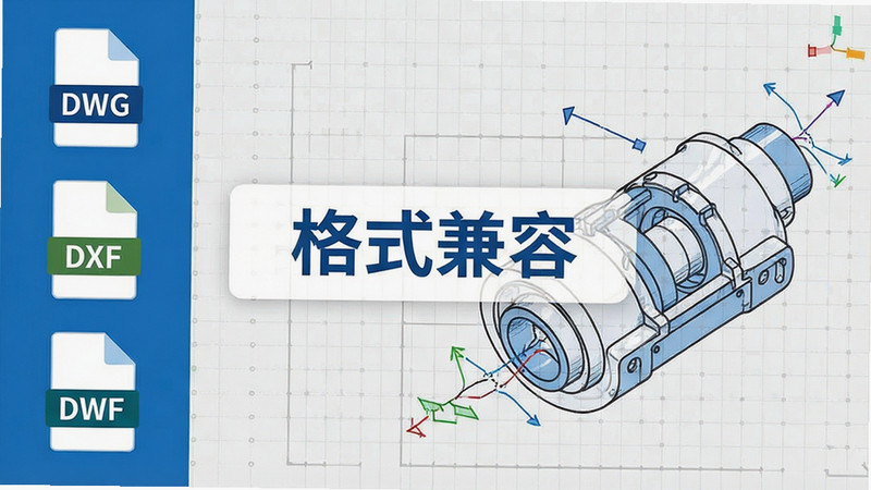 主体为软件功能展示图,左侧列出“DWG”、“DXF”、“DWF”等文件格式图标,右侧显示一张正在被解析的机械零件图,背景为浅灰色网格,中间有“格式兼容”字样,风格扁平化,色彩搭配专业蓝白,布局左右对称,细节丰富,画质高清,无多余元素,干净