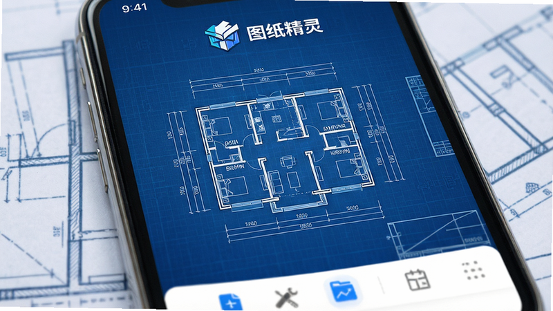 主体为一张高清手机屏幕特写,屏幕中显示着“图纸精灵”APP界面,背景为深蓝色工程蓝图纹理,中央展示一张精细的建筑平面图,界面顶部有清晰的“图纸精灵”Logo,底部有简洁的工具栏按钮,整体风格现代、科技感强,布局整洁,画质清晰,无多余元素,干净