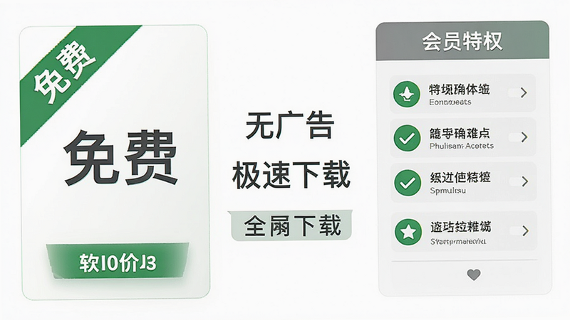 主体为软件价格页面示意图,左侧显示“免费”标签,右侧显示“会员特权”列表,背景为白色,中间有“无广告”、“极速下载”等文字,风格简洁明了,色彩以绿色和灰色为主,布局清晰,细节准确,画质清晰,无多余元素,干净