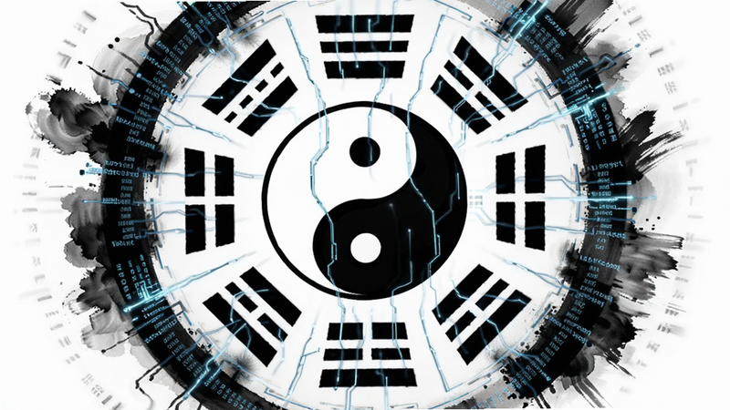 主体为抽象的数据流与八卦符号融合画面,布局呈环形扩散,排版严谨对称,风格为赛博朋克与传统水墨结合,细节展示代码流与太极图交织,画质超清,干净,无多余元素