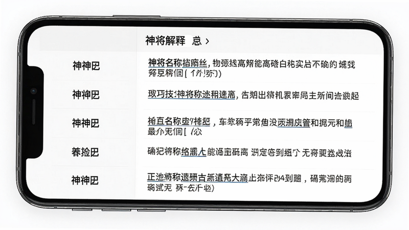 主体为智能手机界面,显示详细的神将解释列表,布局为左右分栏,左侧为神将名称,右侧为详细释义,排版整齐,风格为商务简约风,细节展示清晰的字体层级,画质高清,干净,无多余元素