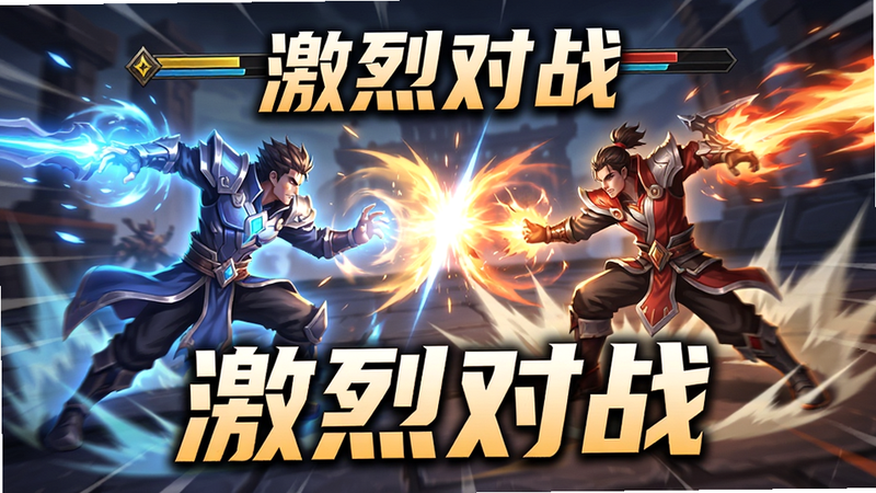 主体为乱斗风云再起游戏中一场激烈的战斗场景,布局聚焦于两个正在释放技能的角色,排版动态感十足,风格为特效爆发风,细节包含技能光效与冲击波,画质高亮,干净,无多余元素,文字“激烈对战”