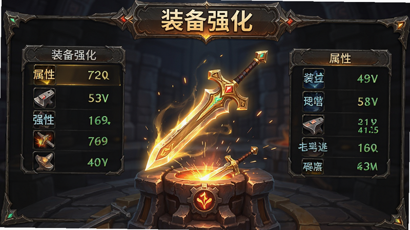 主体为乱斗风云再起游戏中的装备锻造界面,布局中央展示一把发光的金色剑,排版突出属性加成列表,风格为奇幻金属质感,细节包含锻造台与火花,画质细腻,干净,无多余元素,文字“装备强化”