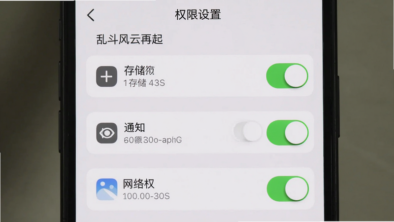主体为手机设置界面中关于乱斗风云再起的权限管理页面,布局展示存储、通知、网络权限开关,排版整洁,风格为iOS/Android系统UI风,细节包含权限图标与开关状态,画质清晰,干净,无多余元素,文字“权限设置”