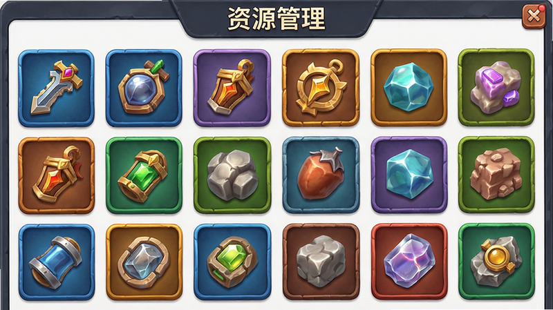 主体为《群雄之战》资源管理界面,布局为网格状展示各类道具与材料,风格为3D立体图标,色彩区分明显,细节精致,画质高清,干净背景,文字