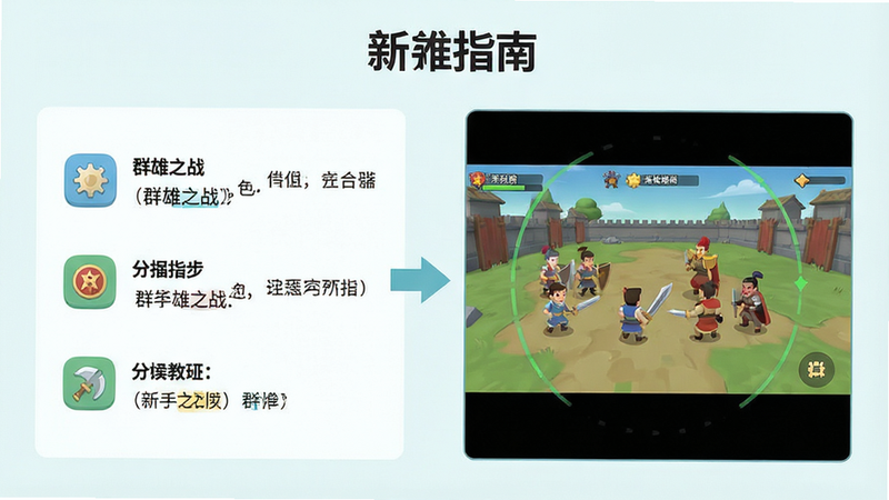 主体为《群雄之战》新手教程界面,布局为分步指引,左侧为文字说明,右侧为操作演示动画,风格为简洁扁平化UI设计,色调清新,图标清晰,画质清晰,干净背景,文字