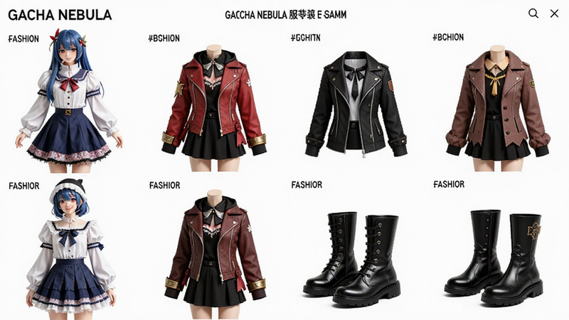 主体为Gacha Nebula服装商城,布局为网格状商品展示,排版整齐,风格为时尚电商风,细节展示多套不同风格的动漫角色服装,包括裙装、外套、靴子等,背景为白色,画质细腻,文字包含