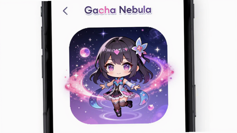 主体为Gacha Nebula应用界面,布局为竖屏手机屏幕展示,排版居中,风格为清新二次元动漫风,细节包含一个正在旋转展示的Q版女性角色,周围环绕着粉色和紫色的星云光效,背景干净无杂物,画质高清,文字包含