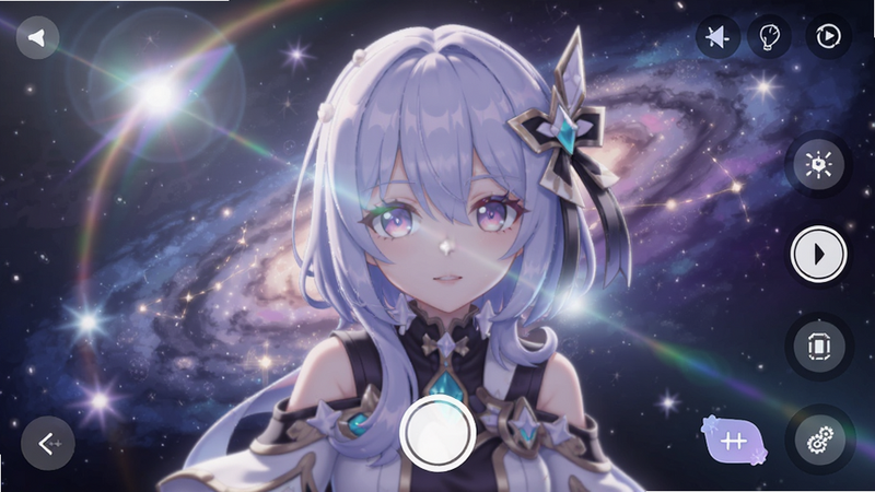 主体为Gacha Nebula拍照界面,布局为全屏画面,角色位于前景,背景为梦幻星空,排版突出主体,风格为唯美艺术风,细节包含镜头光晕效果与UI操作按钮,画质超清,干净无噪点