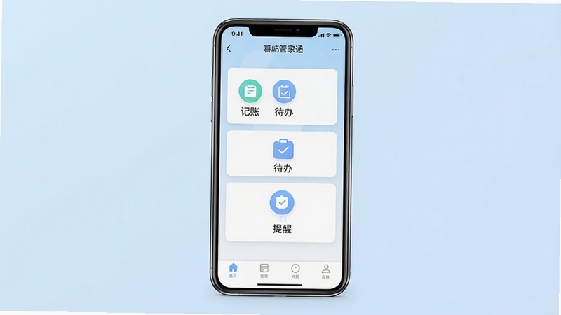 主体为暮屿管家通手机APP界面预览图,布局采用居中卡片式设计,背景为柔和的浅蓝色渐变,排版清晰整洁,风格为现代简约扁平化,细节包含顶部导航栏、中间三个主要功能图标(记账、待办、提醒)、底部标签栏,画质高清,干净,无多余元素,文字显示为