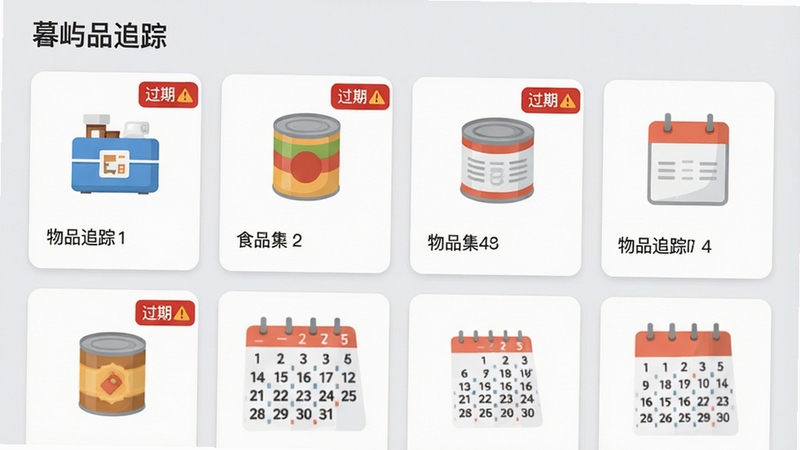 主体为暮屿管家通物品管理界面,布局为网格状卡片展示,背景为浅灰色,风格为生活化扁平设计,细节包含药品盒、食品罐头的图标、红色过期警告标识、日历日期标记,画质高清,干净,无多余元素,文字显示为