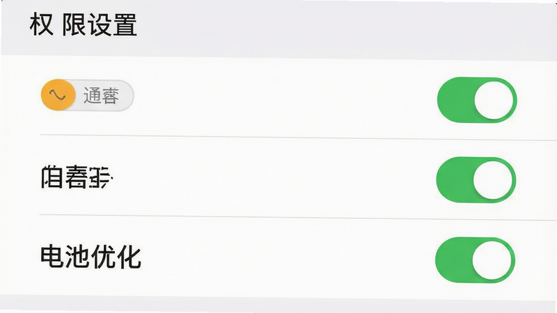 主体为手机设置界面示意图,布局为列表式菜单,背景为白色,风格为系统原生简洁风,细节包含通知开关、自启动开关、电池优化选项,开关处于开启状态,画质清晰,干净,无多余元素,文字显示为