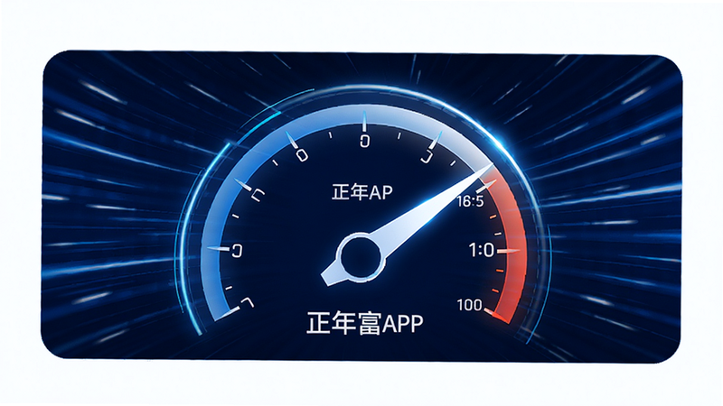 正年富APP性能优化示意图,展示速度计指针指向最大值,背景为抽象的速度线条,象征极速响应,风格科技感强,蓝色与白色为主色调,细节丰富,4K画质,干净简洁