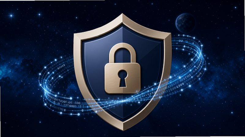 正年富APP隐私安全盾牌图标,盾牌中心有锁形图案,周围环绕着数据流线条,象征保护,背景为深蓝色星空,风格庄重可靠,高清细节,无多余装饰