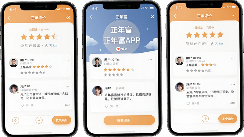 正年富APP用户评价界面展示,展示五星好评和用户留言,布局整齐,风格温馨,高清渲染,无水印