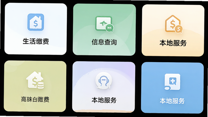 正年富APP功能模块展示,展示生活缴费、信息查询、本地服务三个卡片式入口,卡片上有对应的图标和文字说明,布局呈网格状,风格现代简约,色彩搭配和谐,高清渲染,无水印