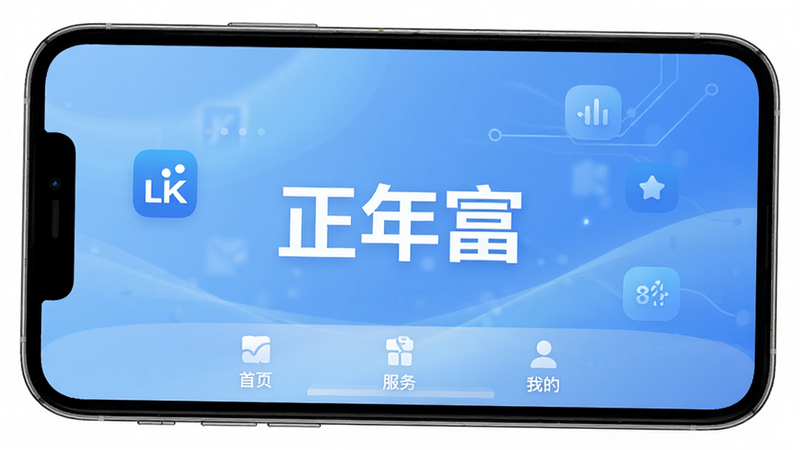 正年富APP主界面全景展示,中心位置显示醒目的“正年富”Logo,背景为柔和的科技蓝渐变,布局清晰整齐,包含首页、服务、我的三个主要导航栏,图标设计扁平化,细节精致,4K高清,干净无多余元素