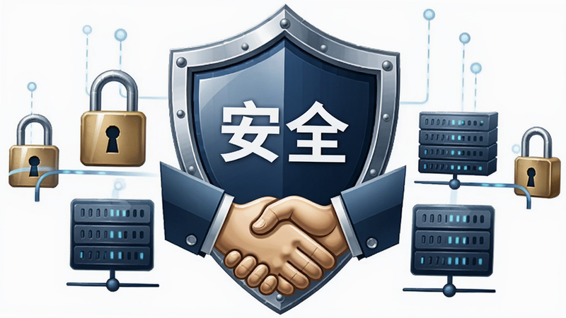 一张盾牌图标与握手图案结合的设计图,盾牌中央写着“安全”,周围环绕着数据锁和服务器图标,主体象征信任与保护,布局中心对称,风格稳重商务,细节光泽感强,高清矢量风格,干净背景