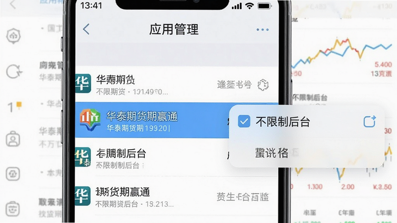 一张手机设置界面的示意图,显示“应用管理”列表,其中“华泰期货期赢通”被高亮选中,右侧弹出菜单显示“不限制后台”选项被勾选,主体清晰,布局标准UI风格,细节准确,高清截图,干净背景