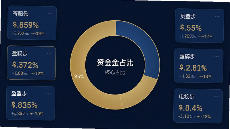 一张简洁的数据仪表盘界面截图,中心显示一个环形图代表资金占比,周围分布着几个小卡片显示具体持仓品种和盈亏数字,配色采用深蓝与金色搭配,主体突出核心数据,布局对称工整,风格专业严谨,细节精致,高清像素,无杂乱背景