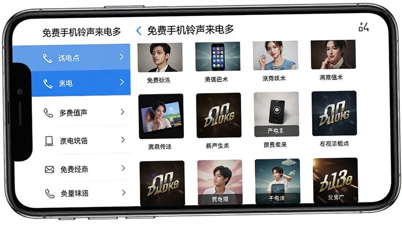 手机界面展示“免费手机铃声来电多”的分类页面,左侧为分类列表,右侧为对应歌曲列表,布局整齐,图标清晰,白色背景,蓝色高亮选中项,高清,无杂乱元素
