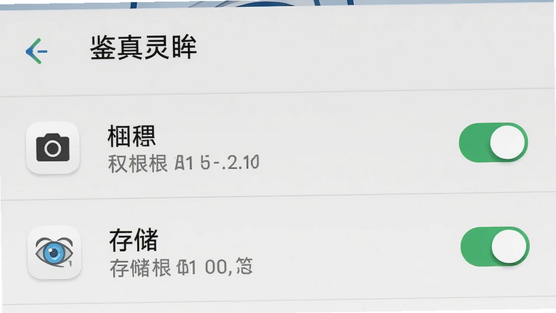 手机设置界面截图,显示“鉴真灵眸”应用权限列表,相机和存储权限开关均处于开启状态,背景为安卓系统默认设置风格,布局垂直列表,排版规范,风格为系统UI,细节清晰,画质高清,干净,无多余元素