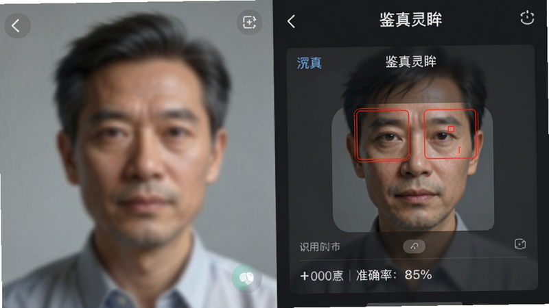 手机APP界面截图,左侧为一张AI生成的模糊人物照片,右侧为“鉴真灵眸”识别结果,红色高亮框标出面部异常区域,界面顶部显示“鉴真灵眸”字样,布局左右分栏,排版清晰,风格为专业软件UI,细节展示识别准确率百分比,画质高清,干净,无多余元素