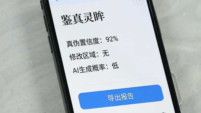 手机屏幕显示“鉴真灵眸”的分析报告,包含“真伪置信度:92%”、“修改区域:无”、“AI生成概率:低”等文字信息,界面下方有“导出报告”按钮,布局清晰,排版整洁,风格为数据报告UI,细节展示字体清晰,画质8K,干净,无多余元素