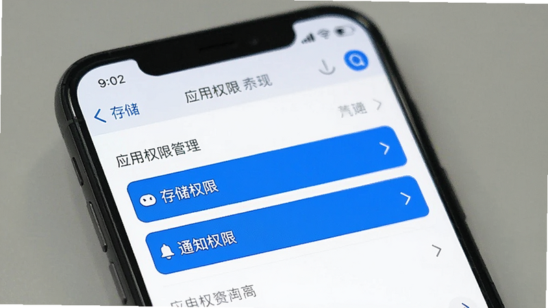手机设置界面示意图,显示应用权限管理页面,高亮显示“存储权限”和“通知权限”选项,界面简洁,白色背景,蓝色按钮,字体清晰,无其他干扰元素,风格为现代UI设计