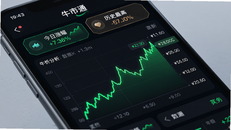 ����Ϊ�ֻ���Ļ��д����ʾ��ţ��ͨ��APP���������ҳ�棬����Ϊ��ɫģʽ���м��Ƕ�̬���µ�ţ������ͼ������Ϊ����ɫ���Ա��о���ļ۸����ֱ�ǩ���Ϸ��С������Ƿ����͡���ʷ��ߡ��������ݻ��£�����Ƽ���ǿ������������ϸ�ڷḻ����ˮӡ��������Ⱦ