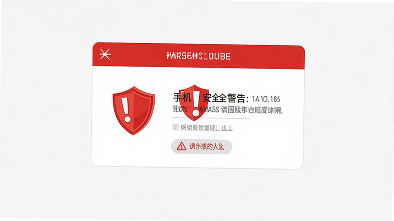 主体为手机安全警告弹窗示意图,布局居中,排版简洁,风格警示红白配色,细节包含盾牌图标与感叹号,画质清晰,干净,无多余元素