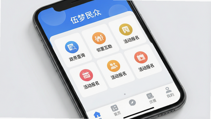 主体为手机屏幕展示伍梦民众APP界面,布局清晰,顶部显示APP名称
