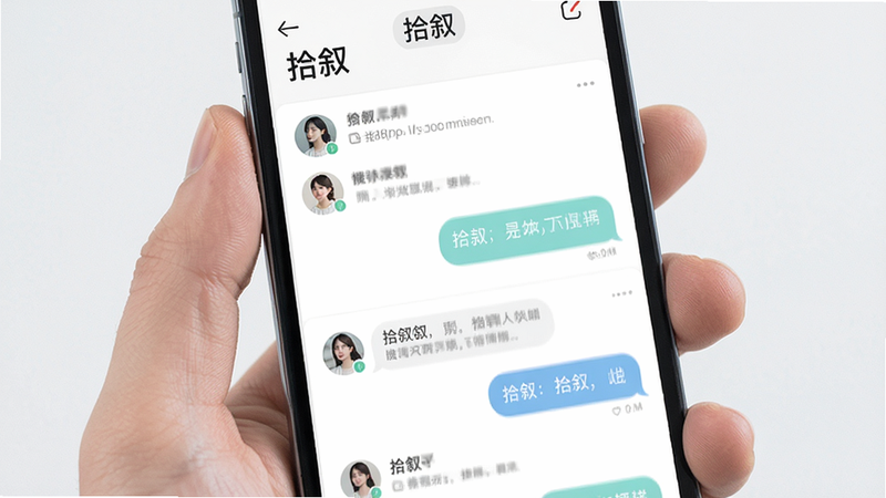 主体为手机屏幕展示拾叙App界面,布局为垂直滚动式信息流,排版简洁现代,风格清新简约,细节包含头像列表和对话气泡,画质高清,干净,无多余元素,文字标签