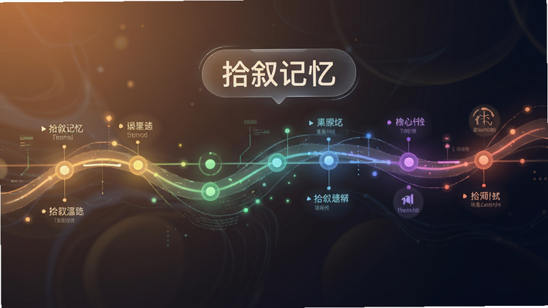 主体为抽象的时间轴可视化界面,布局为横向延伸的曲线,排版流畅自然,风格科技感与温馨感结合,细节展示不同颜色的节点代表不同事件类型,画质细腻,干净,无多余元素,文字标签