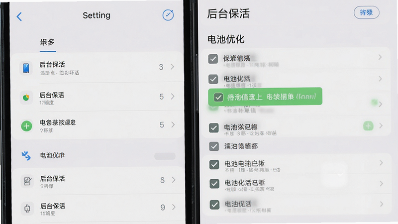 主体为手机设置界面与电池优化选项,布局为左侧列表右侧详情,排版清晰直观,风格系统原生UI,细节展示勾选白名单的操作步骤,画质清晰,干净,无多余元素,文字标签