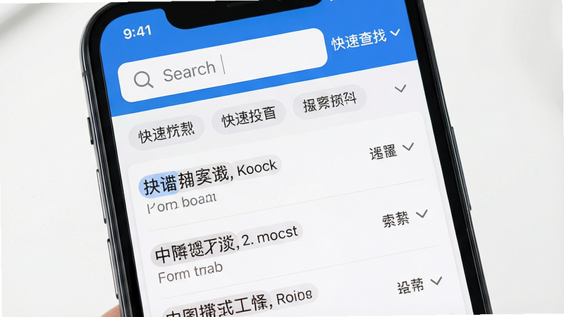 主体为手机搜索框与列表界面,布局为顶部搜索栏加下方列表,排版紧凑有序,风格高效实用,细节展示高亮显示的关键词和筛选标签,画质锐利,干净,无多余元素,文字标签