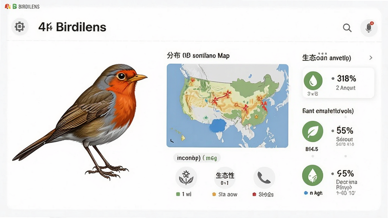 一张信息图表风格的图片,主体为Birdilens应用内的物种详情页,展示一只红色知更鸟的侧写图,旁边配有分布地图和生态习性图标,排版整齐,字体清晰,背景为白色简约风格,色彩搭配和谐,细节精致,4k画质,无多余元素