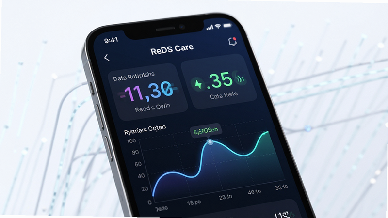 ReDS Care 数据同步界面预览图,主体是手机屏幕,显示实时跳动的数字和动态曲线,布局居中,风格科技感强,细节包含数据刷新动画效果,画质高清,干净,无多余元素