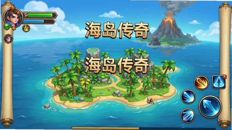 主体为《海岛传奇》手游主界面全景,布局采用横向卷轴式视野,左侧显示角色状态栏,右侧为技能快捷栏,中央是郁郁葱葱的热带岛屿地图,背景为蔚蓝海洋与远处火山,风格为高清卡通渲染,细节丰富,画质清晰,干净无多余元素,文字“海岛传奇”居中悬浮