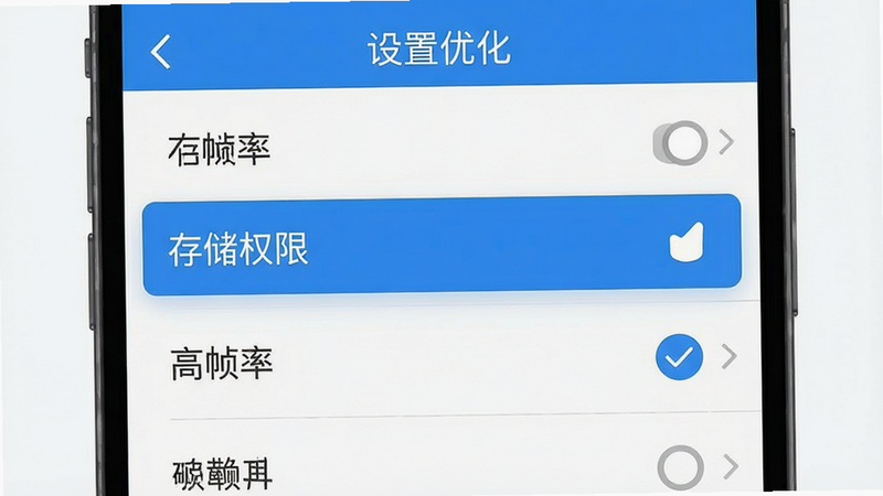 主体为手机设置界面示意图,布局为垂直列表,高亮显示“存储权限”与“高帧率”选项,风格为扁平化UI设计,细节展示勾选框状态,画质清晰,干净背景,文字“设置优化”居中