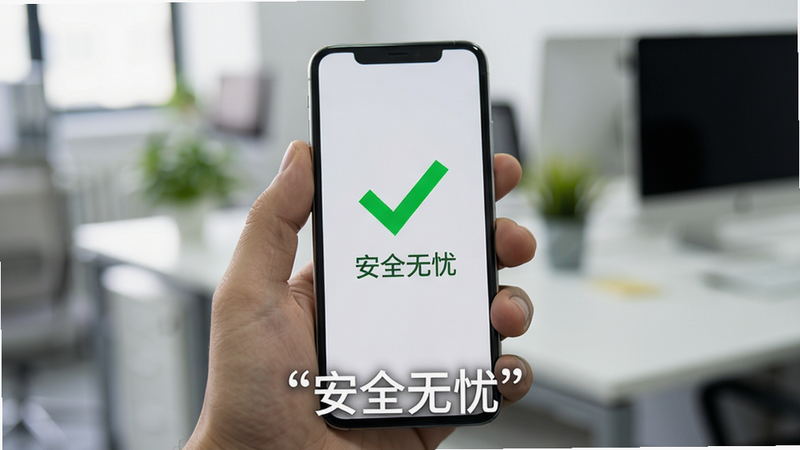 主体为一部手持手机,屏幕显示绿色对勾表示安全验证通过,背景是虚化的办公室场景,布局突出手机主体,排版简洁,风格写实摄影,细节包含手指握持的自然姿态,画质逼真,干净,无多余元素,文字“安全无忧”加引号显示在下方