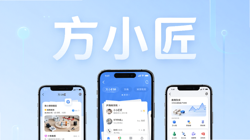主体为方小匠软件的高清宣传海报,布局居中,背景为柔和的浅蓝色渐变,排版简洁现代,风格清新科技感,细节处展示手机界面截图,画面上方有醒目的“方小匠”白色文字,画质4k,干净,无多余元素