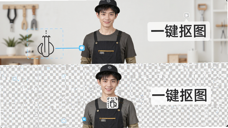 主体为方小匠抠图功能演示,布局上下结构,上方展示原始产品图,下方展示去除背景后的透明底图,排版清晰,风格简约商业风,细节突出边缘处理平滑无锯齿,文字标注“一键抠图”,画质锐利,干净,无背景干扰